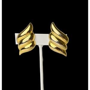 Vintage Erwin Pearl Earrings Clip On Shiny Gold Tone Triple Wave Smooth Finish